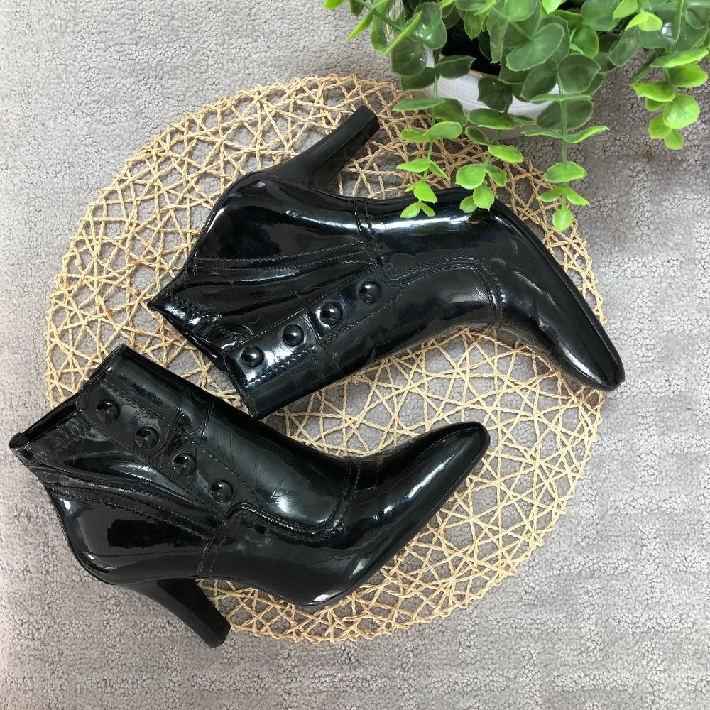 Franco Sarto Ankle Boots Button Accessory 3" Heel Black Bootie Upper Leather 8M